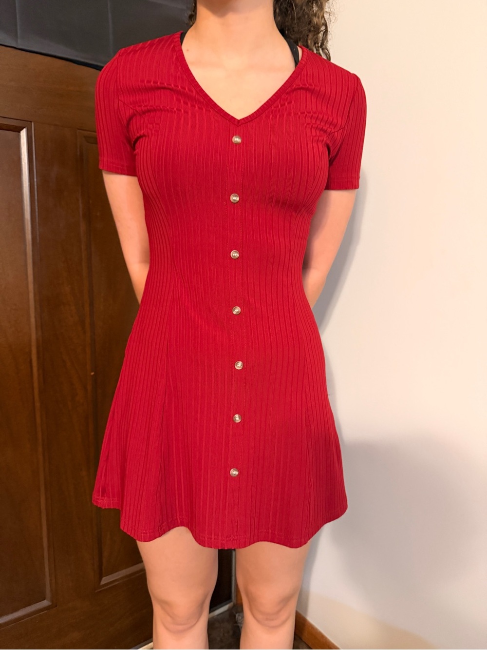 Red Button-Front Ribbed V-Neck Mini Dress - Picture 3 of 3